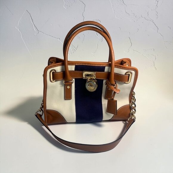 Michael Kors Handbags - Michael Kors Hamilton Satchel Navy and Cream Stripe Canvas/Leather Shoulder Bag